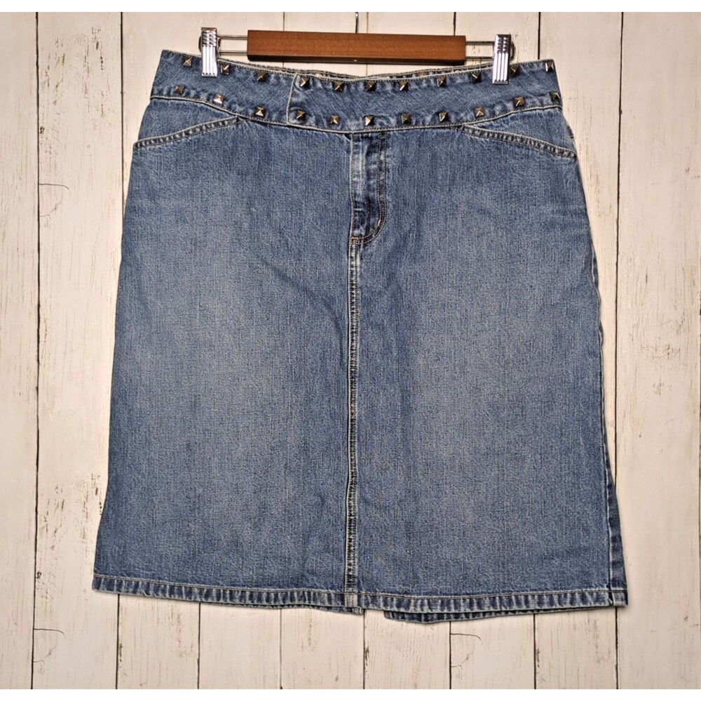 Vintage Anchor Blue Studded Denim Skirt Y2K Jean Midi Size 13 Grunge Punk